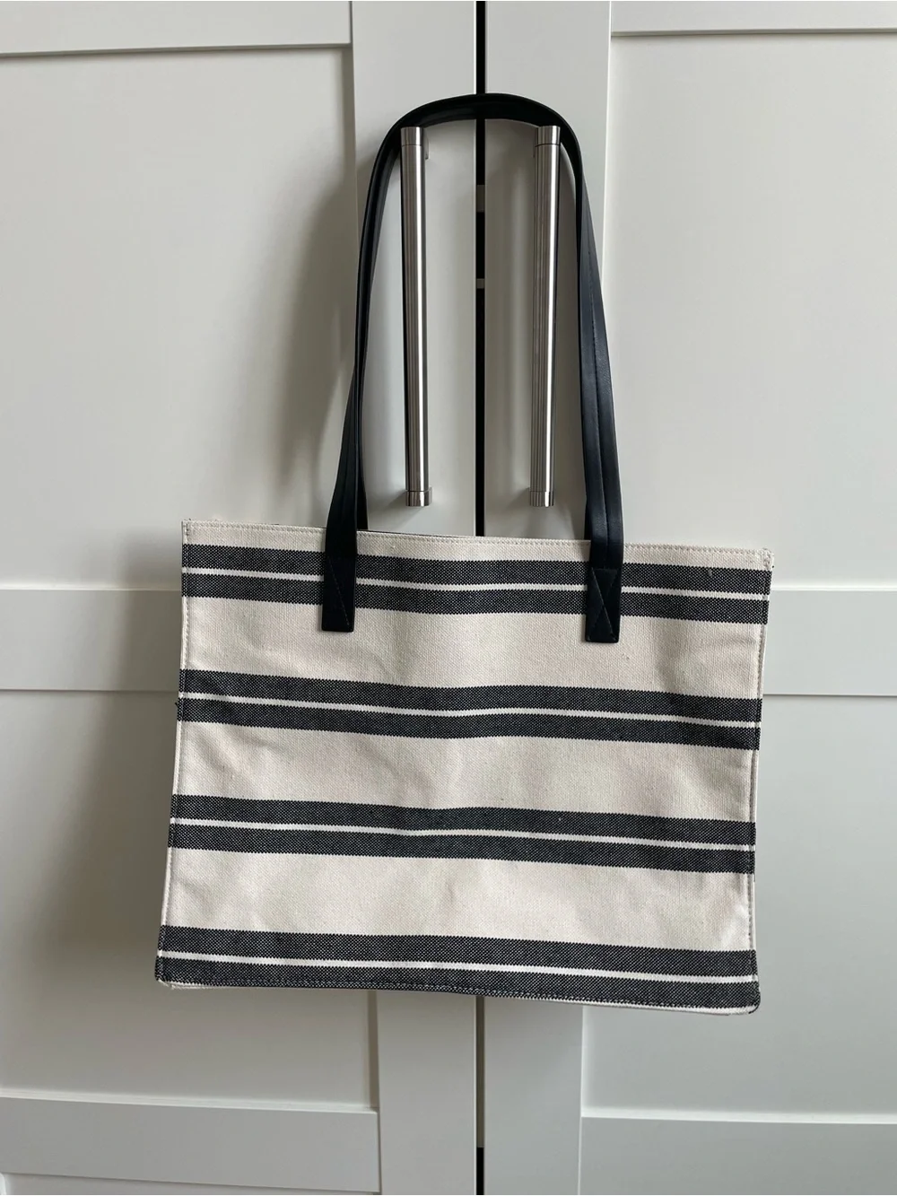 Striped Canvas Tote with Black Straps - Cream & Black